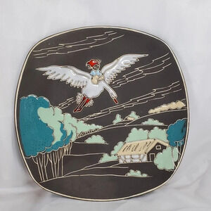 Norwegian Pottery Folk Art Black Plate Handmade NORWAY signed Nilo Holgerson 734